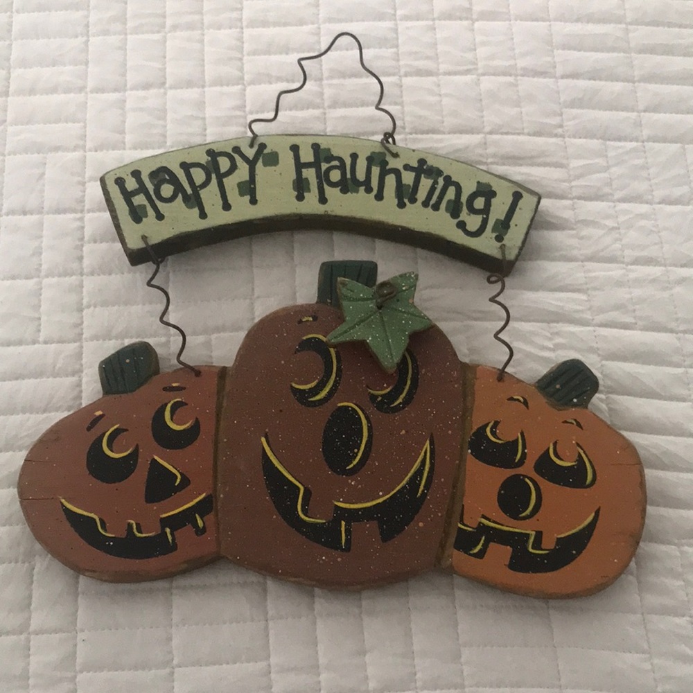 Vintage Folk Art Halloween Wood Fall Pumpkin Double Happy Haunting Door Sign